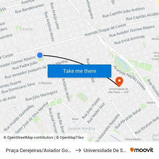Praça Cerejeiras/Aviador Gomes Ribeiro Qd. 13 Par to Universidade De São Paulo — Usp map