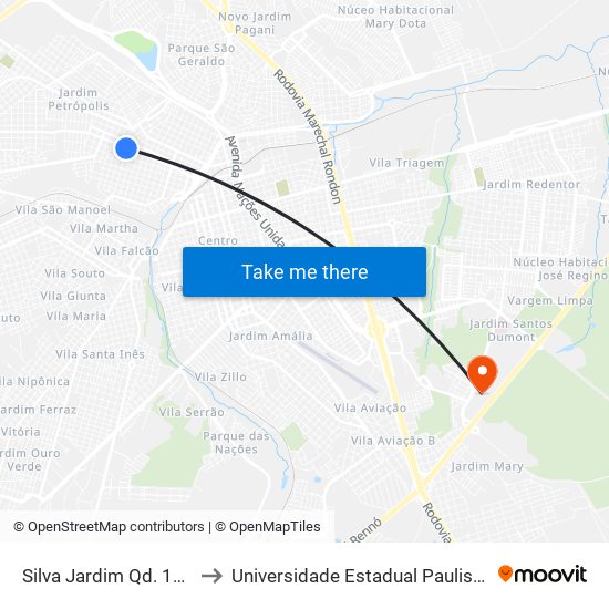 Silva Jardim Qd. 14 Impar to Universidade Estadual Paulista - Unesp map