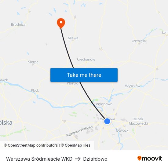 Warszawa Śródmieście WKD to Działdowo map