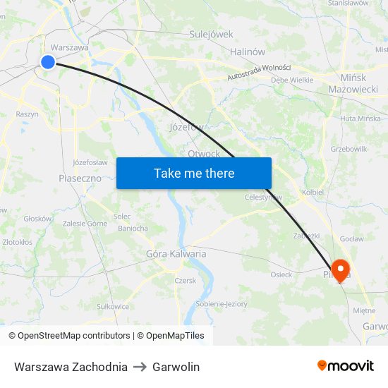 Warszawa Zachodnia to Garwolin map