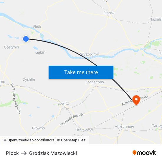 Płock to Grodzisk Mazowiecki map