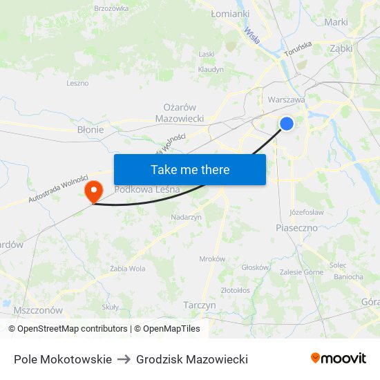 Pole Mokotowskie to Grodzisk Mazowiecki map