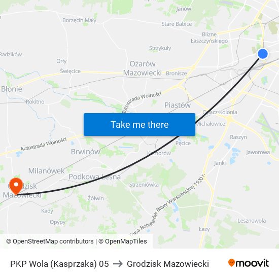 PKP Wola (Kasprzaka) to Grodzisk Mazowiecki map