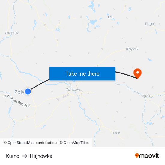 Kutno to Hajnówka map