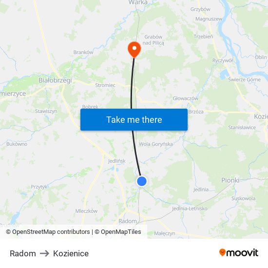 Radom to Kozienice map