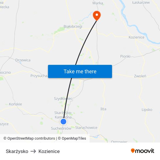 Skarżysko to Kozienice map