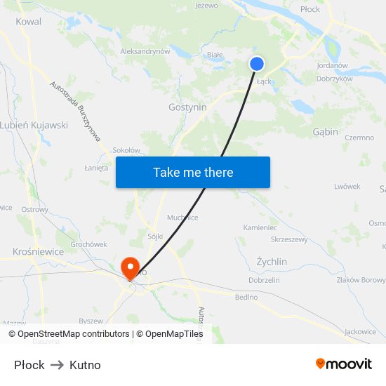 Płock to Kutno map