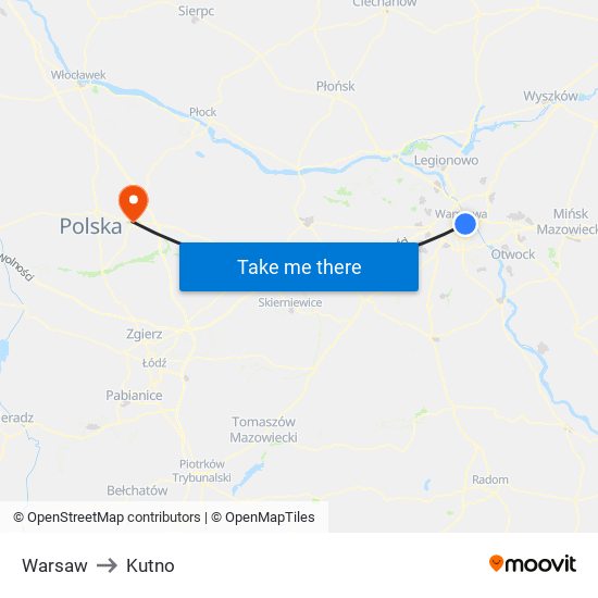 Warsaw to Kutno map