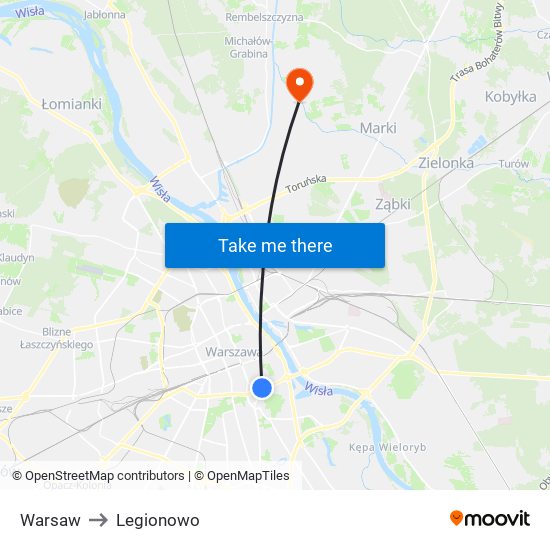 Warsaw to Legionowo map