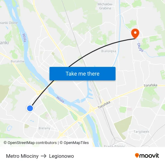 Metro Młociny to Legionowo map