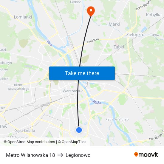 Metro Wilanowska 18 to Legionowo map