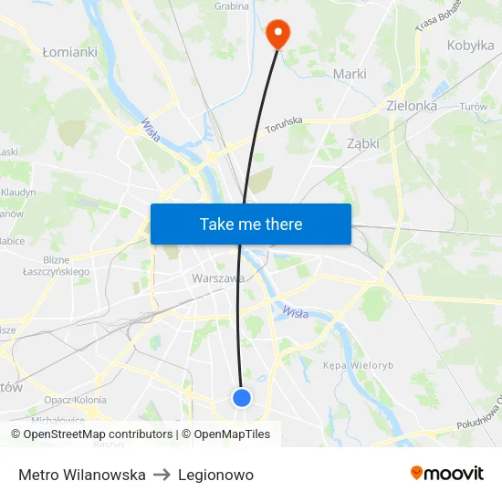 Metro Wilanowska to Legionowo map
