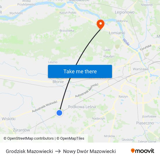 Grodzisk Mazowiecki to Nowy Dwór Mazowiecki map