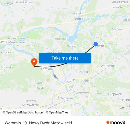 Wołomin to Nowy Dwór Mazowiecki map