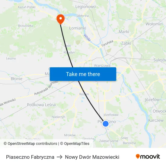 Piaseczno Fabryczna to Nowy Dwór Mazowiecki map