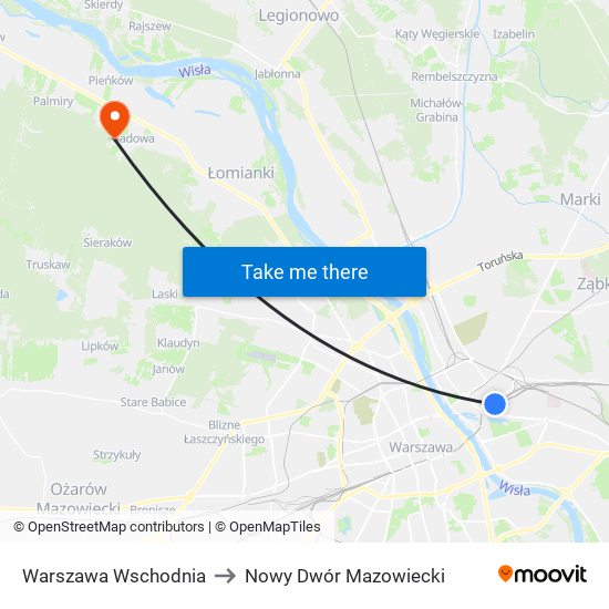 Warszawa Wschodnia to Nowy Dwór Mazowiecki map