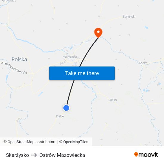 Skarżysko to Ostrów Mazowiecka map