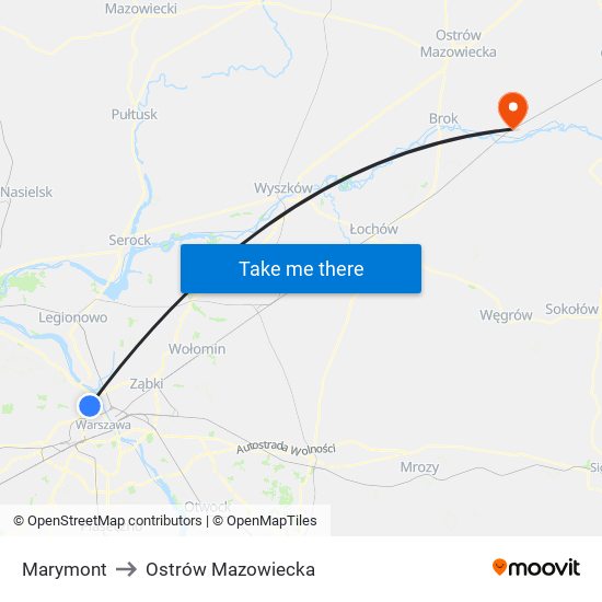 Marymont to Ostrów Mazowiecka map