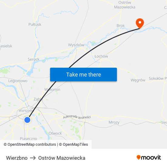 Wierzbno to Ostrów Mazowiecka map