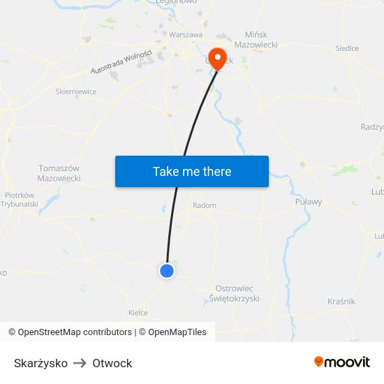 Skarżysko to Otwock map