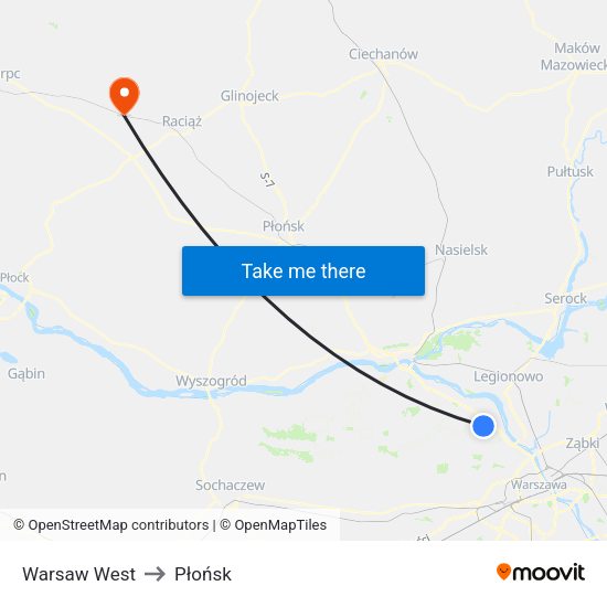 Warsaw West to Płońsk map