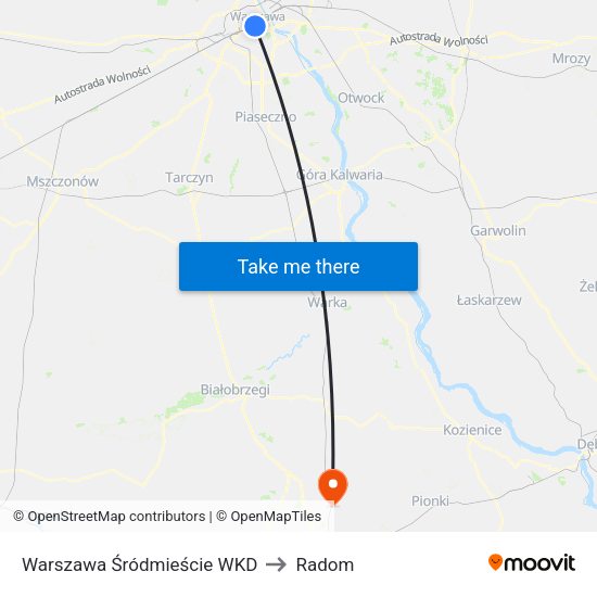 Warszawa Śródmieście WKD to Radom map