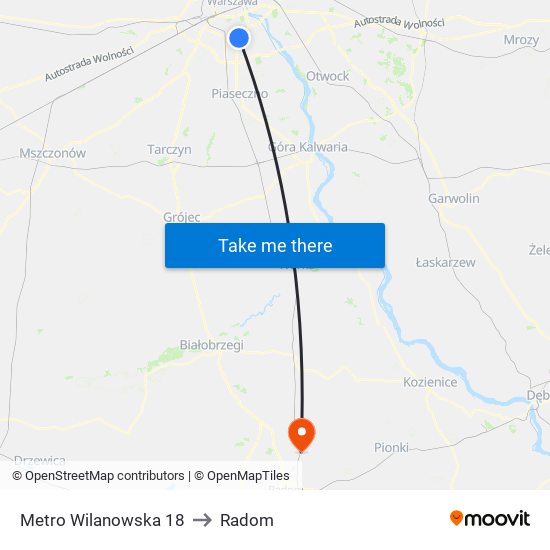 Metro Wilanowska 18 to Radom map