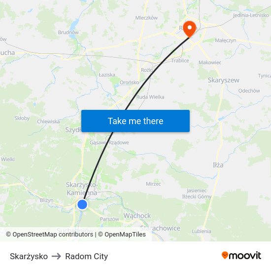 Skarżysko to Radom City map