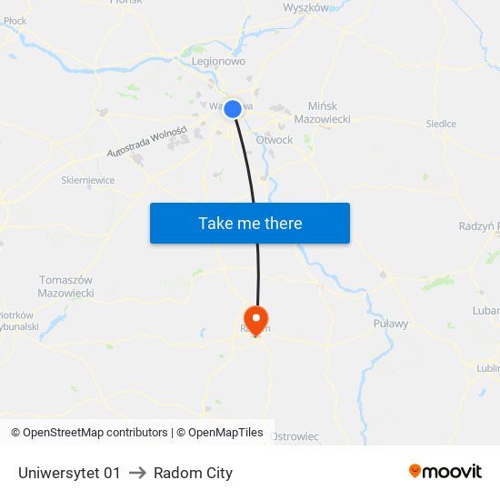 Uniwersytet 01 to Radom City map