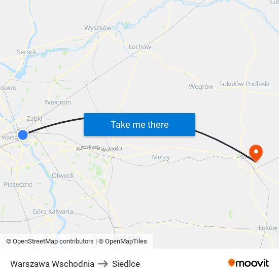 Warszawa Wschodnia to Siedlce map