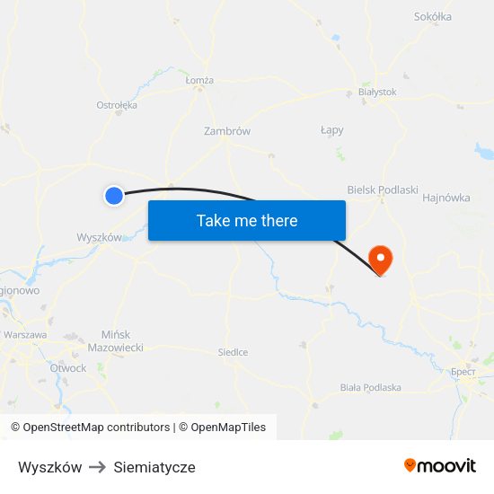 Wyszków to Siemiatycze map