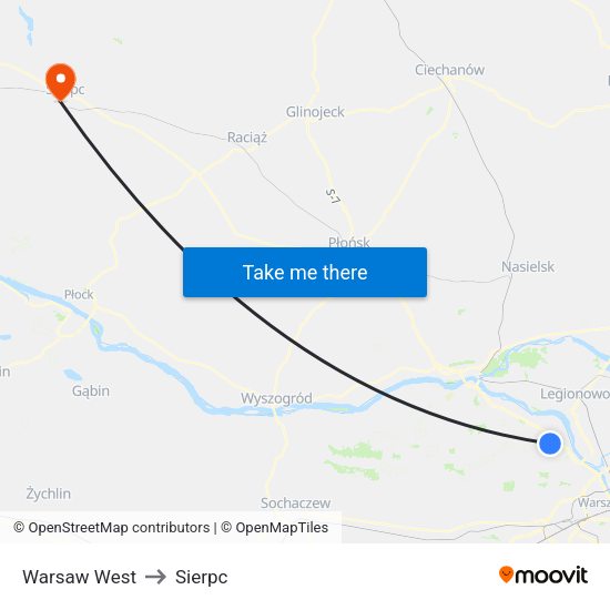 Warsaw West to Sierpc map