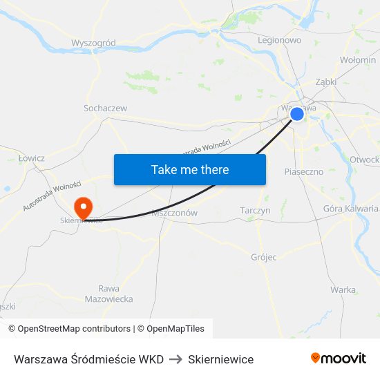 Warszawa Śródmieście WKD to Skierniewice map