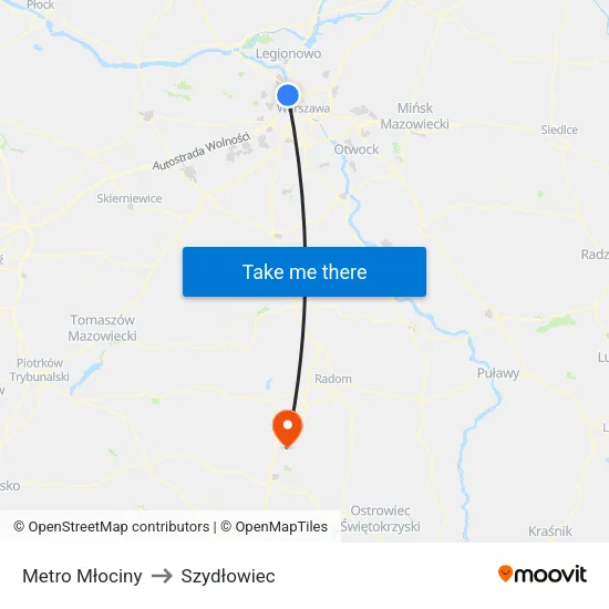Metro Młociny to Szydłowiec map