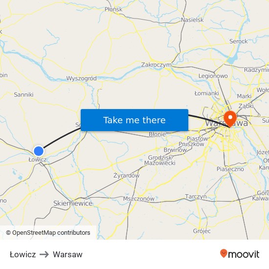 Łowicz to Warsaw map