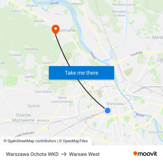 Warszawa Ochota WKD to Warsaw West map