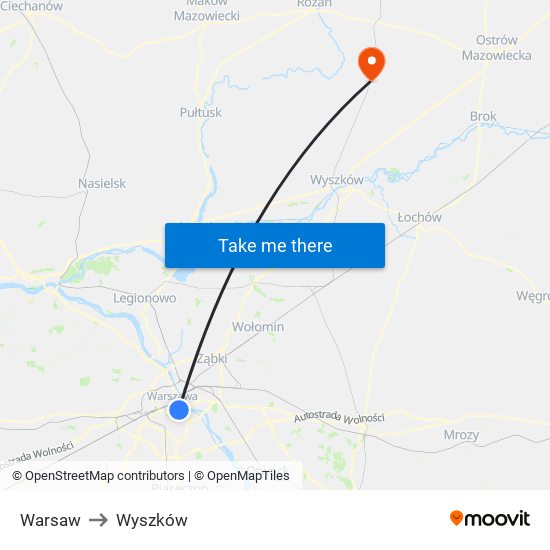 Warsaw to Wyszków map