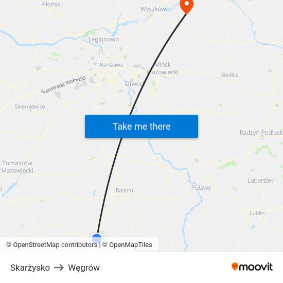 Skarżysko to Węgrów map