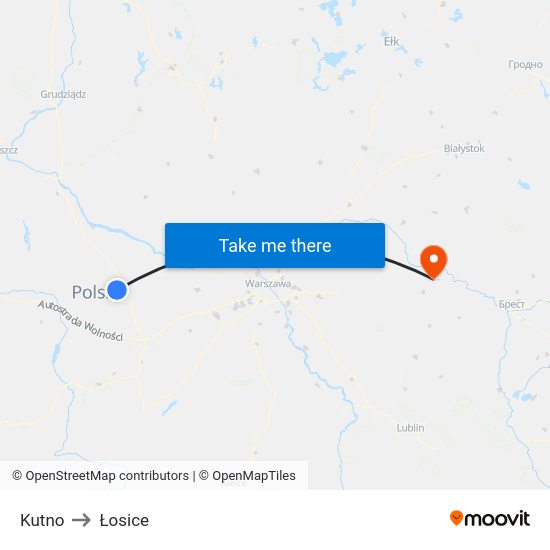 Kutno to Łosice map