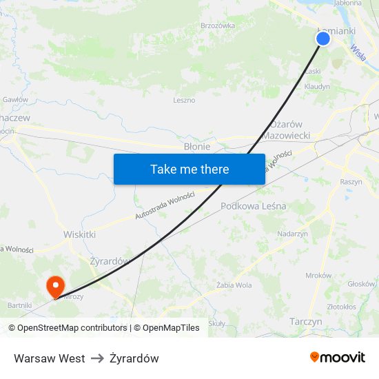 Warsaw West to Żyrardów map