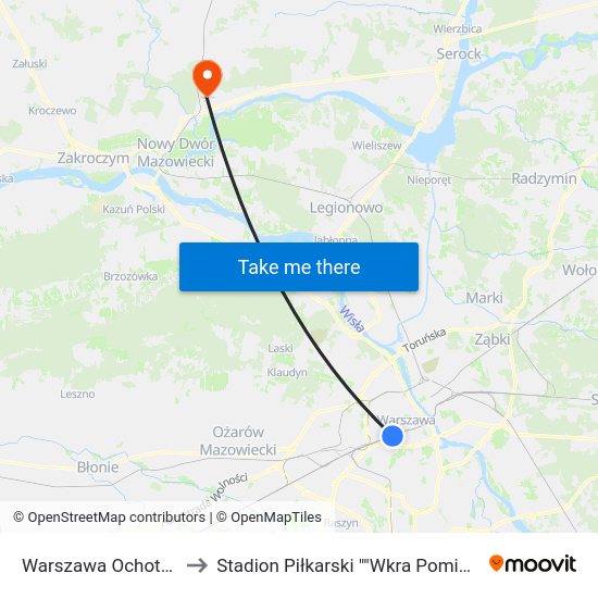 Warszawa Ochota WKD to Stadion Piłkarski ""Wkra Pomiechówek"" map