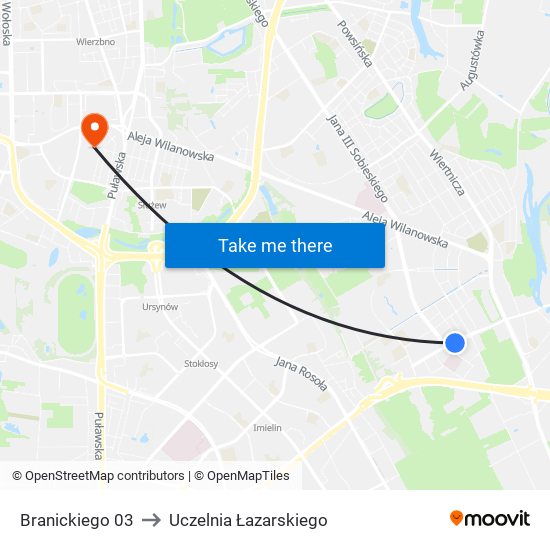 Branickiego 03 to Uczelnia Łazarskiego map