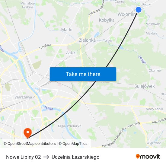 Nowe Lipiny to Uczelnia Łazarskiego map