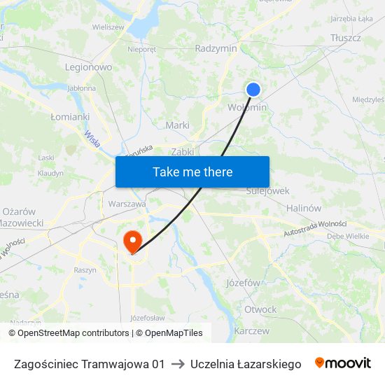 Zagościniec Tramwajowa 01 to Uczelnia Łazarskiego map