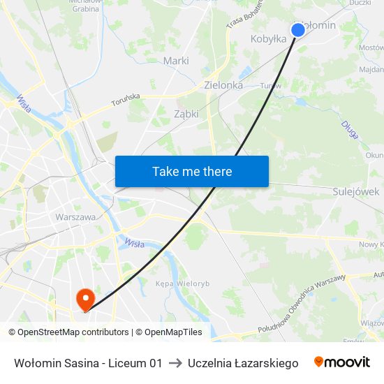 Wołomin Sasina - Liceum 01 to Uczelnia Łazarskiego map