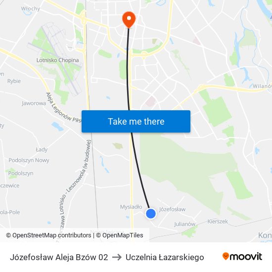 Józefosław Aleja Bzów 02 to Uczelnia Łazarskiego map