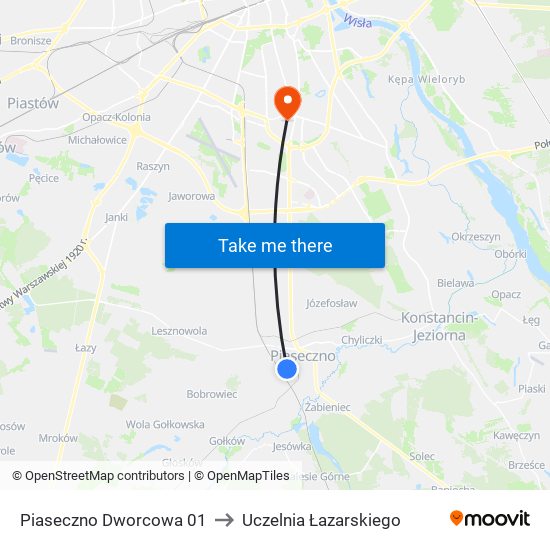 Piaseczno Dworcowa 01 to Uczelnia Łazarskiego map