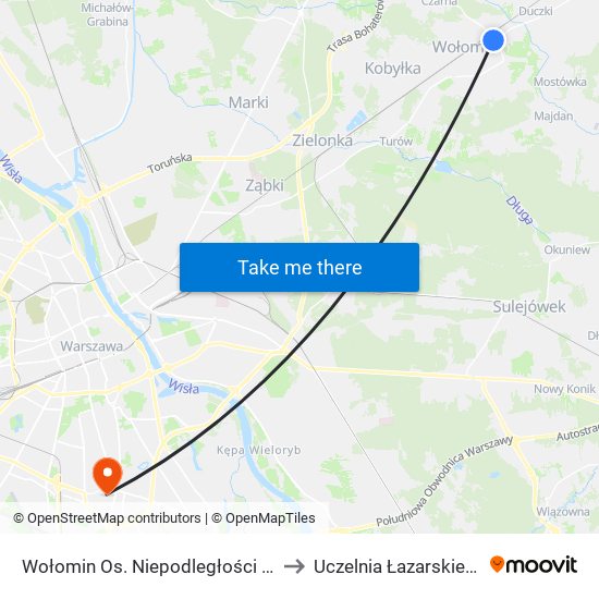 Wołomin Os. Niepodległości 03 to Uczelnia Łazarskiego map