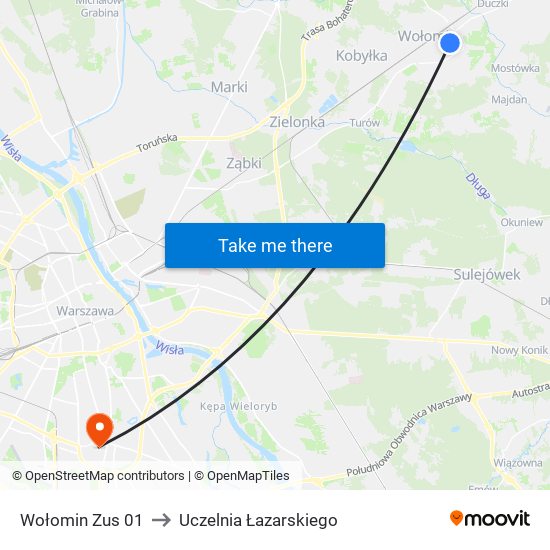 Wołomin Zus 01 to Uczelnia Łazarskiego map