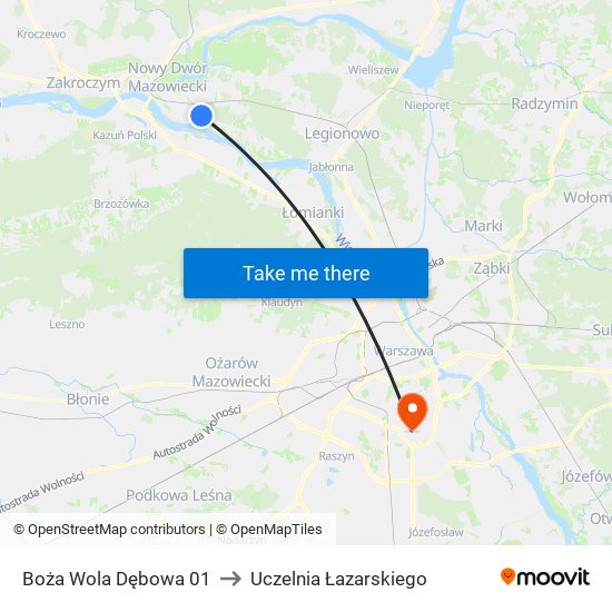 Boża Wola Dębowa 01 to Uczelnia Łazarskiego map